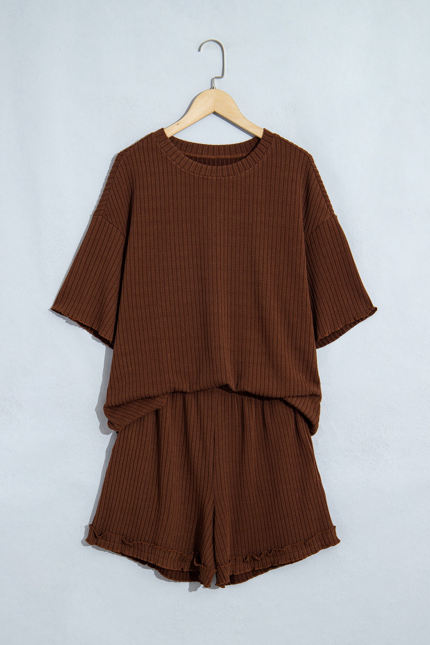 Dark Brown Ribbed Knit Lettuce Trim 2pcs Shorts Set