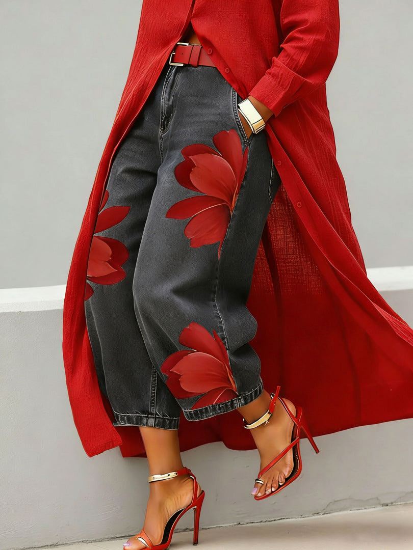 Women’s Loose Wide-Leg Printed Trousers – Comfortable Elegant Casual Pants Black CJ Dropshipping Wide Leg Painted Floral Jeans