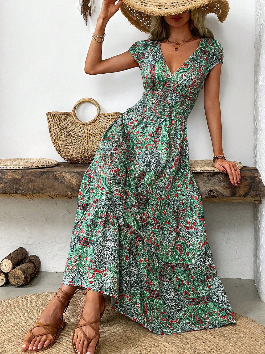 Smocked Printed Cap Sleeve V-Neck Midi Dress