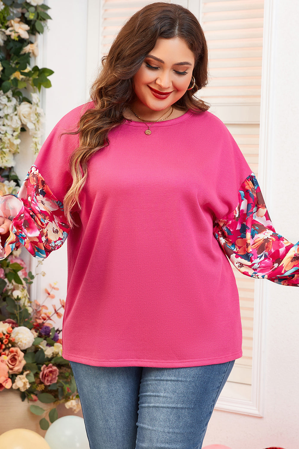 Bright Pink Floral Patchwork Flounce Sleeve Rib Knit Plus Top Dear-Lover Dropshipping Plus Size/Plus Size Tops/Plus Size Long Sleeve Tops