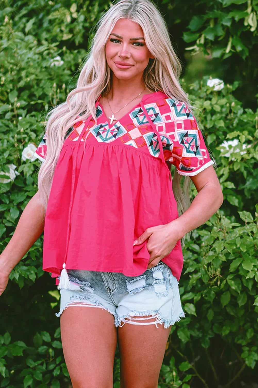 Strawberry Geo Embroidered Tassel Tie Blouse Bazaare Mart Tops/Blouses & Shirts