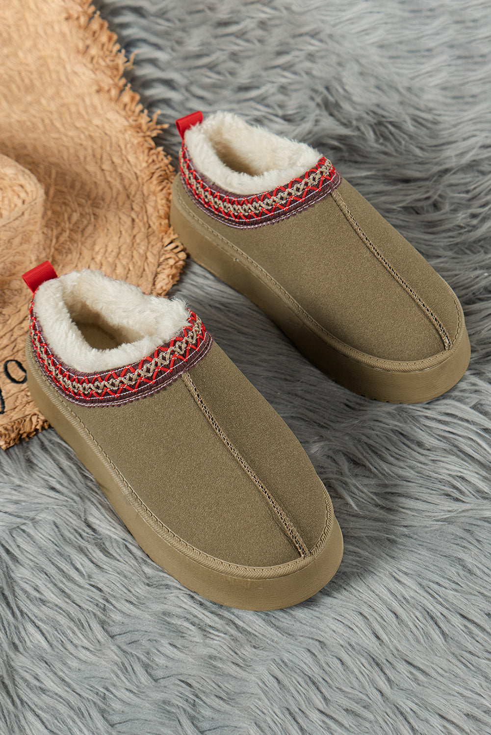 Suede Fur Trim Thick Flat Slippers