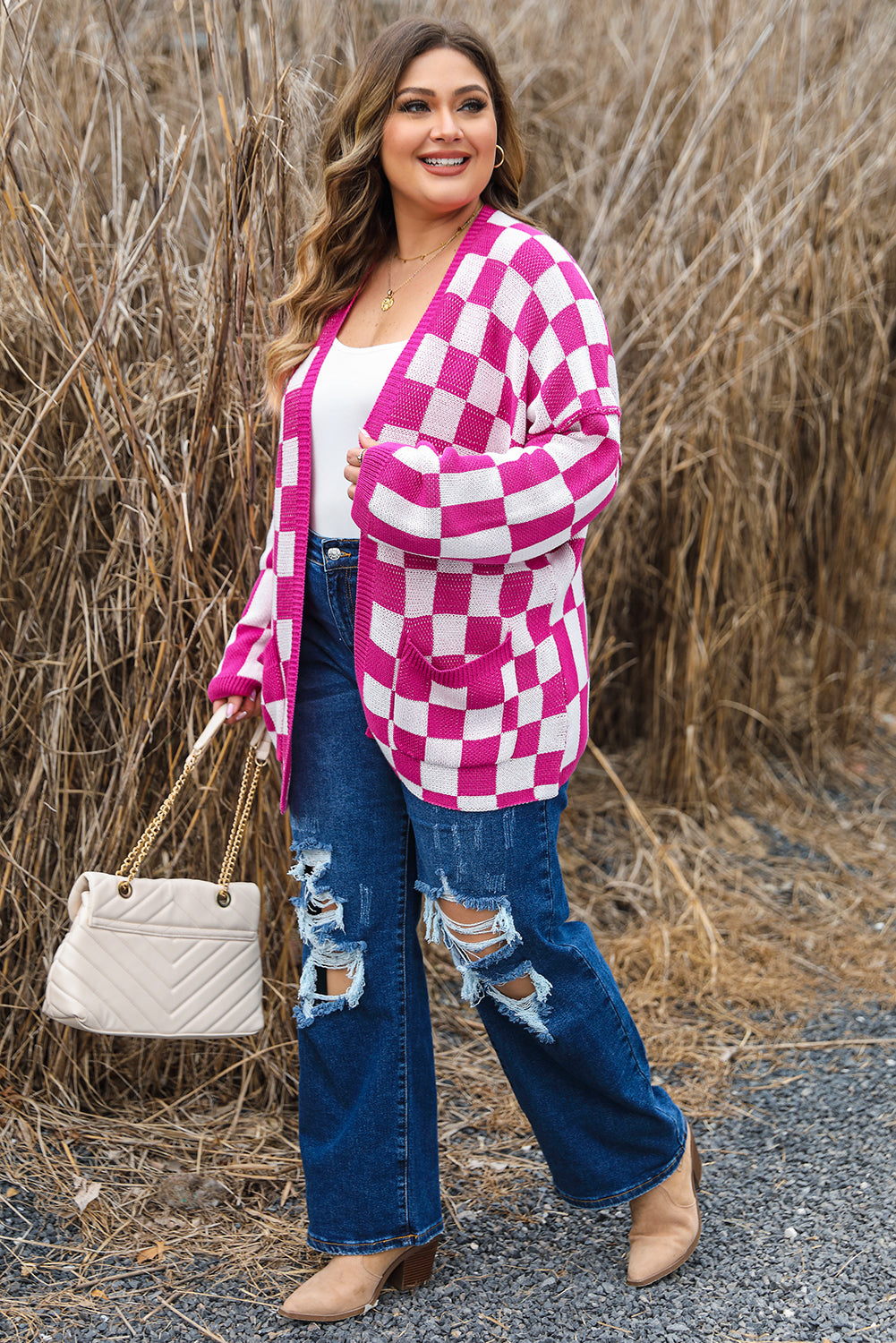 Bonbon Checkered Open Front Plus Size Cardigan