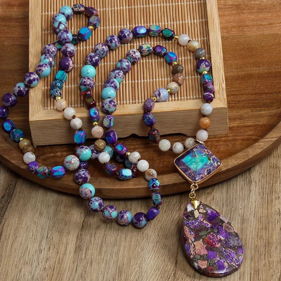 Long Boho Stone Drop Pendant Necklace