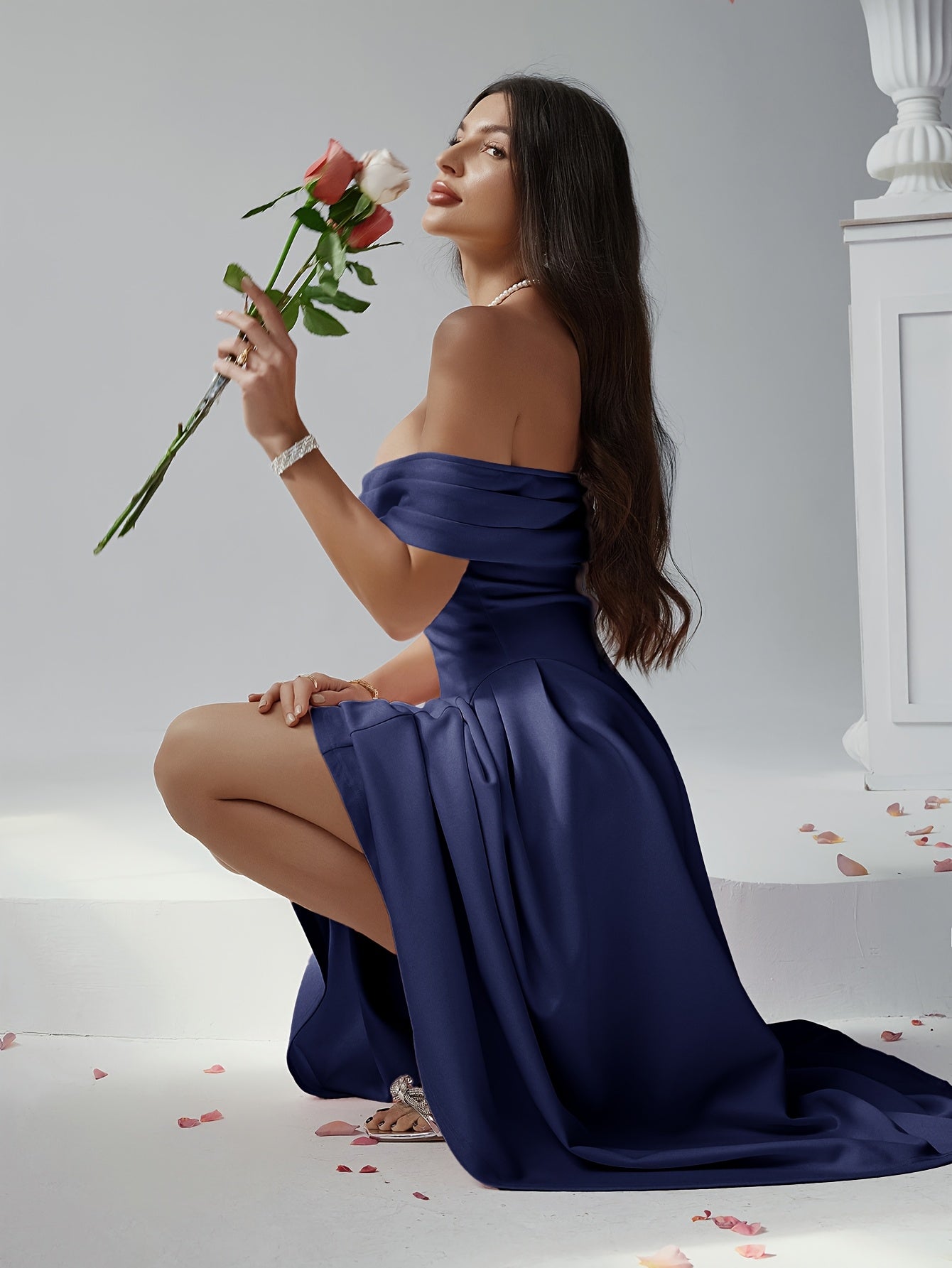 Elegant Pure Color High Waist Off Shoulder Midi Dress