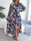 Floral Long Sleeve Midi Dress Royal Blue Trendsi Tied Printed Long Sleeve Midi Dress
