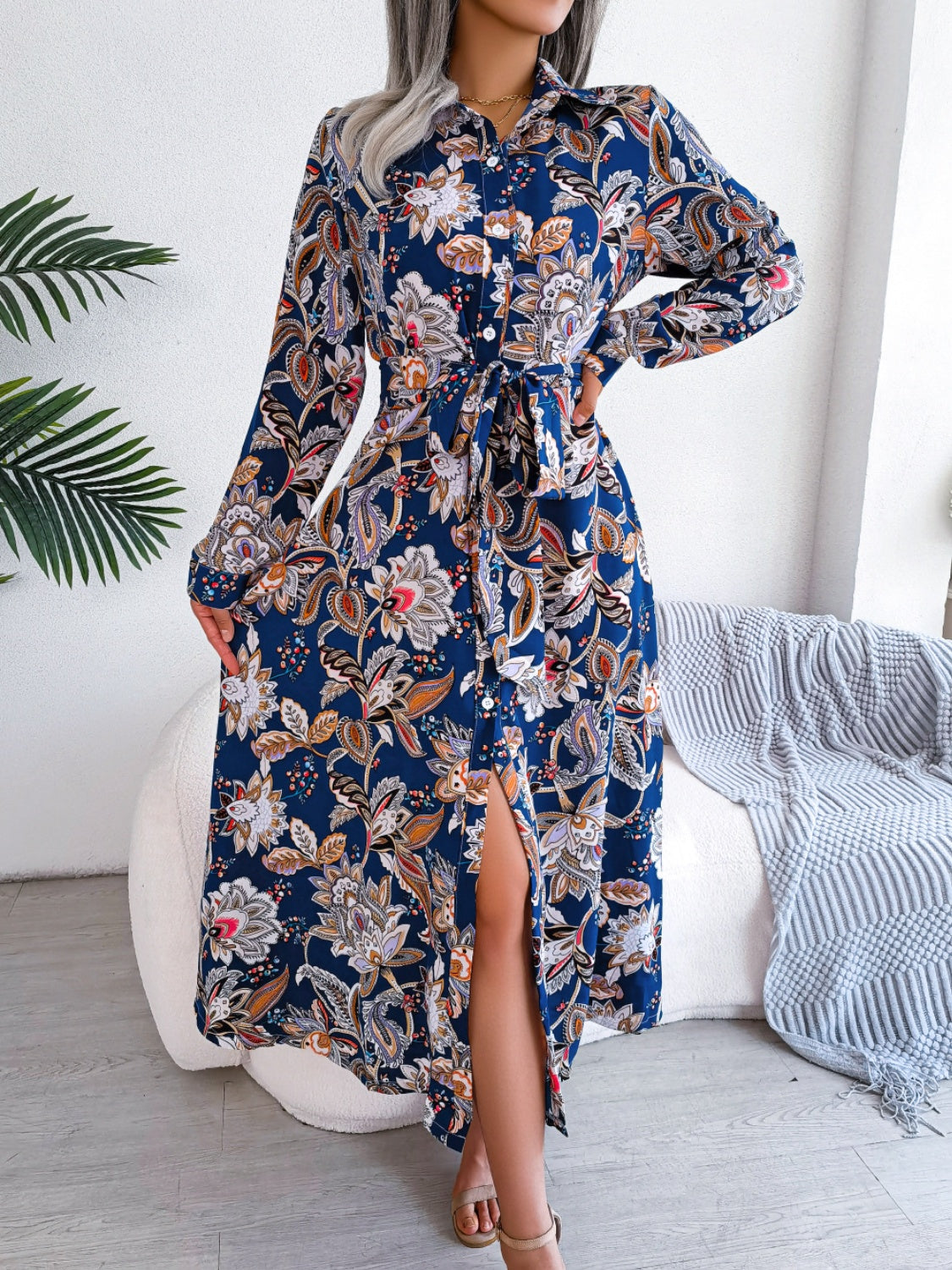 Tied Floral Long Sleeve Midi Dress