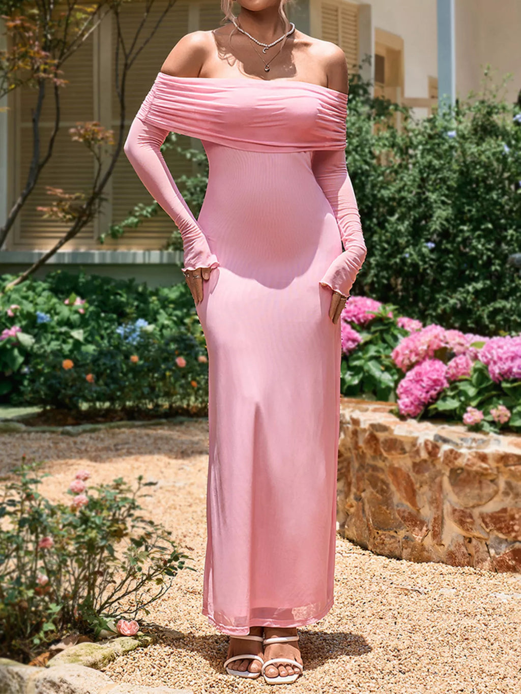 Off-Shoulder Ruched Long Sleeve Maxi Dress Trendsi Off-Shoulder Ruched Long Sleeve Maxi Dress