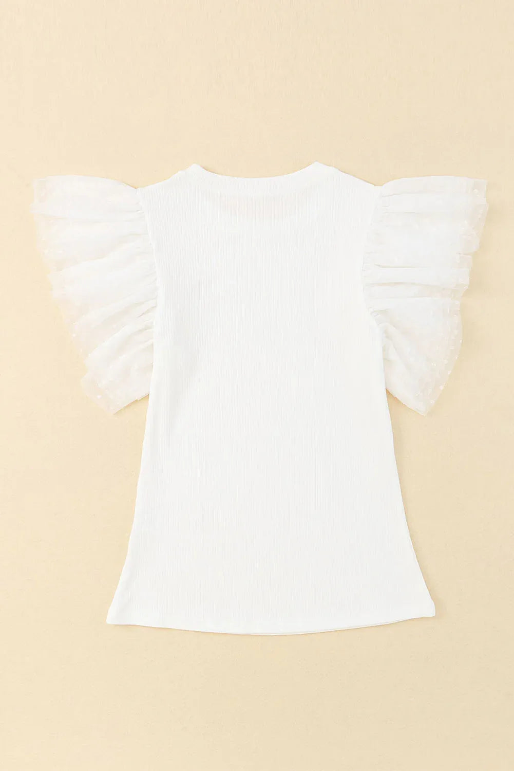 White Dotty Mesh Ruffle Sleeve Ribbed Knit Top Dear-Lover Dropshipping Tops/Tops & Tees