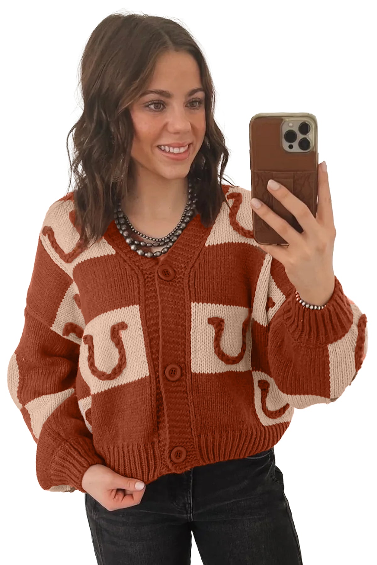 Rust &Cream Western Horseshoe Button-Front Cardigan