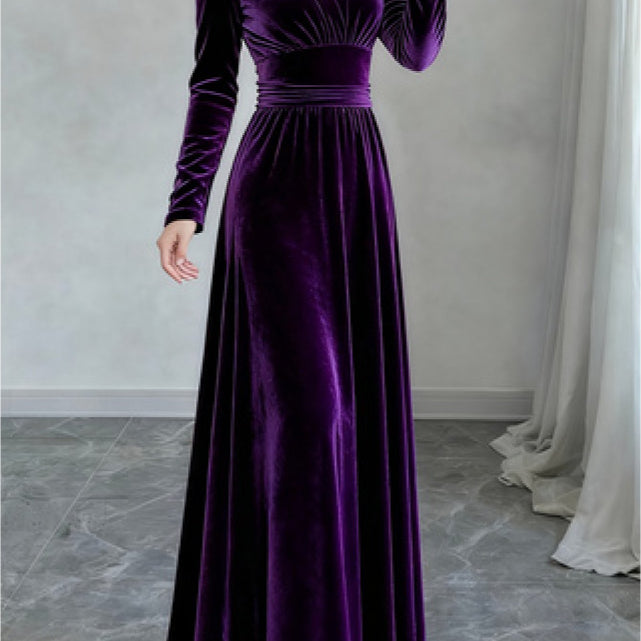 Elegant Velvet Long Sleeve V-Neck Evening Gown