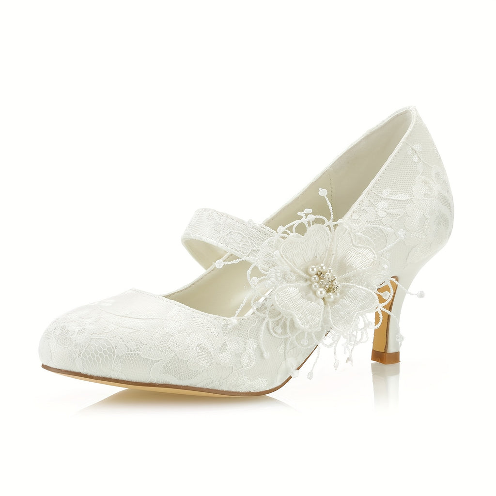 Ivory Lace Floral Mid Heel Bridal Shoes