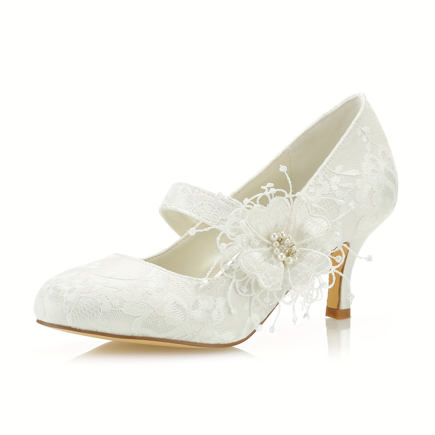 Ivory Lace Floral Mid Heel Bridal Shoes