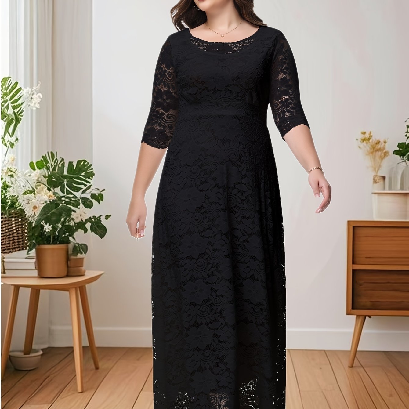 Plus Size O Neck Three Quarter Sleeve Lace Maxi Dress