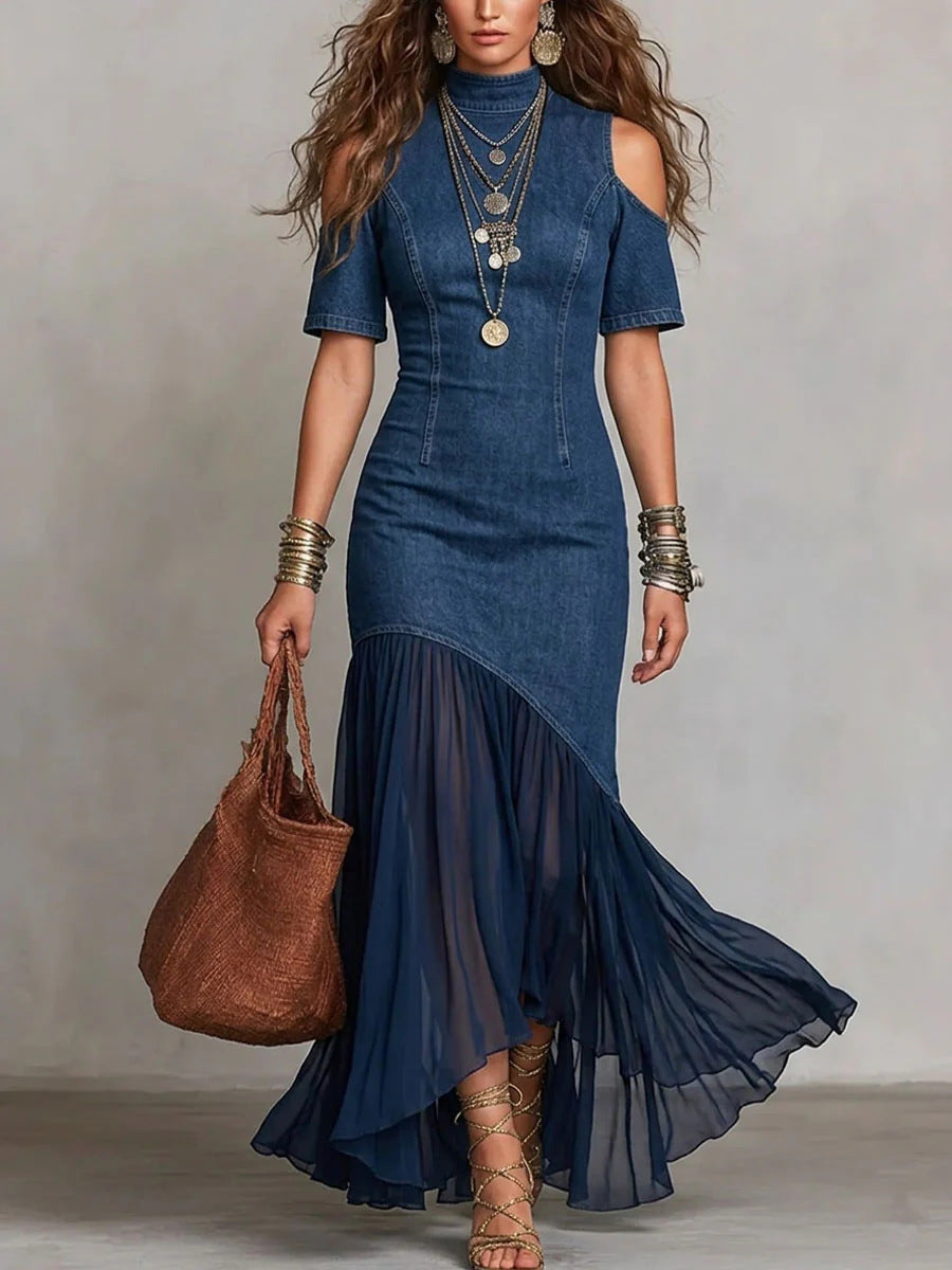 Cold-Shoulder Short-Sleeve Mesh-hem Maxi Dress Dark Blue CJ Dropshipping Denim Maxi Dress