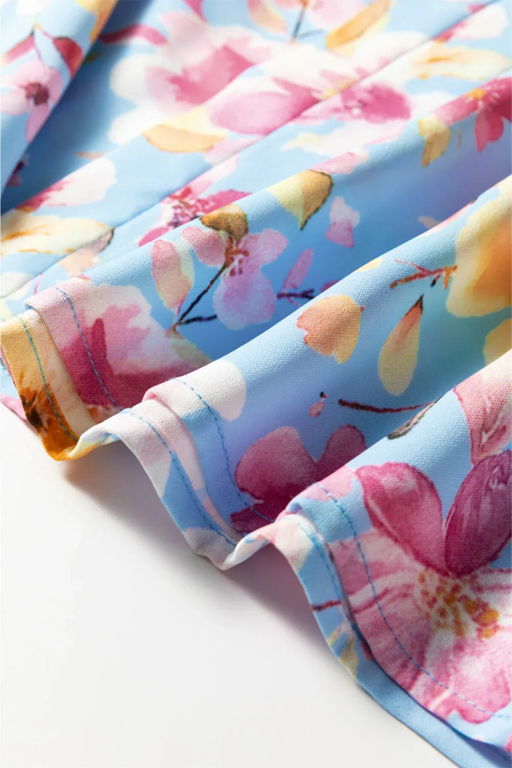 Blue Floral Smocked Cuff Long Flounce Sleeve V Neck Blouse - Bazaare Mart