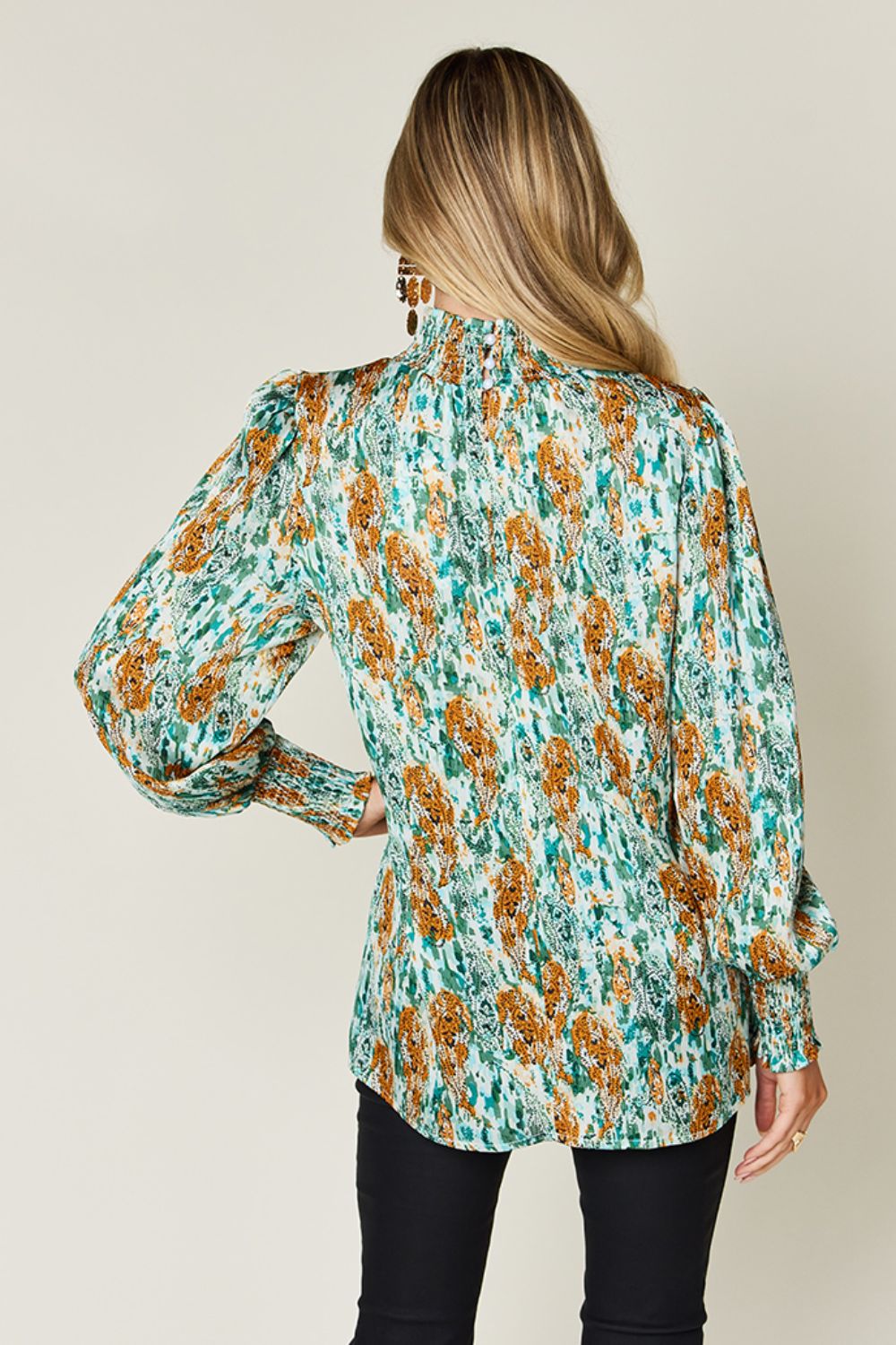 Abstract Smocked High Neck Long Sleeve Blouse