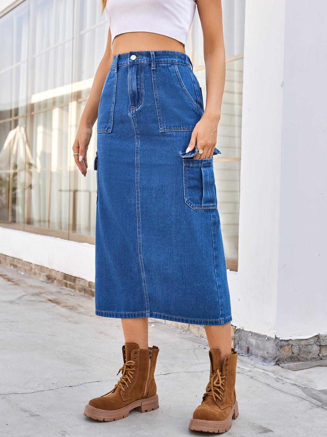 Back Slit Midi Denim Skirt with Pockets