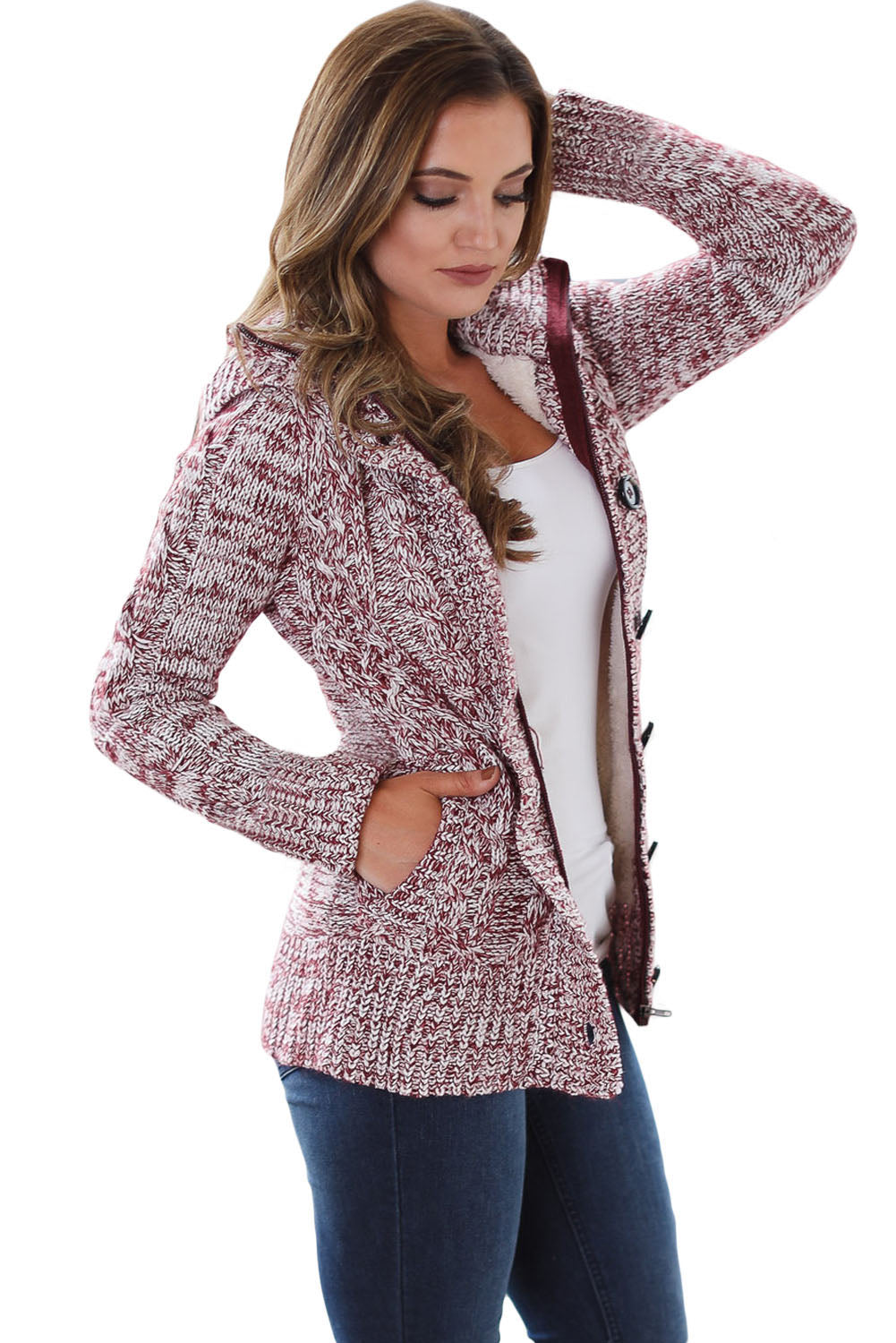 Red Fur Lined Button-Up Hooded Cardigan