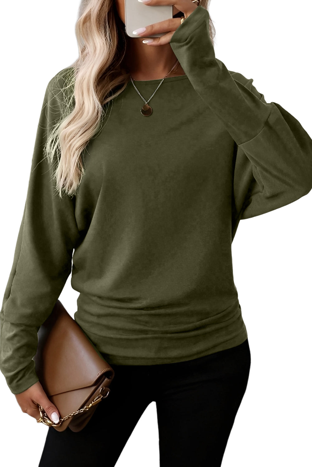 Forest Green Round Neck Long Dolman Sleeve Top