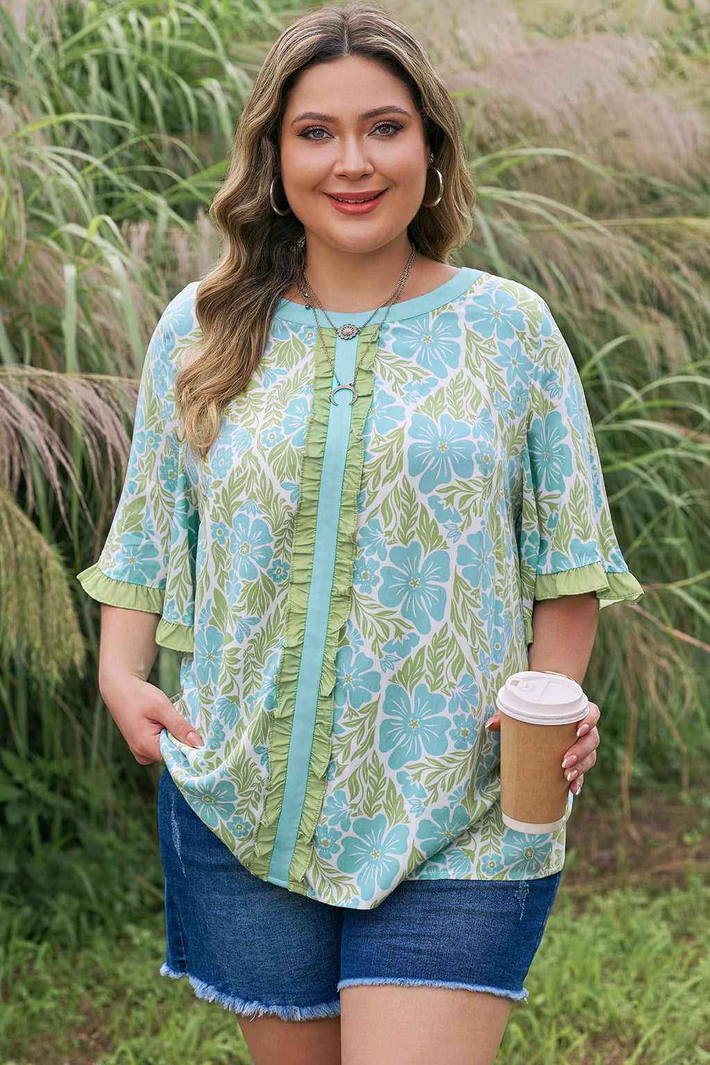 Plus Size Floral Blouse – Sky Blue Frilled Sleeve Color Block Trim Top Dear-Lover Dropshipping Plus Size/Plus Size Tops/Plus Size Blouses & Shirts