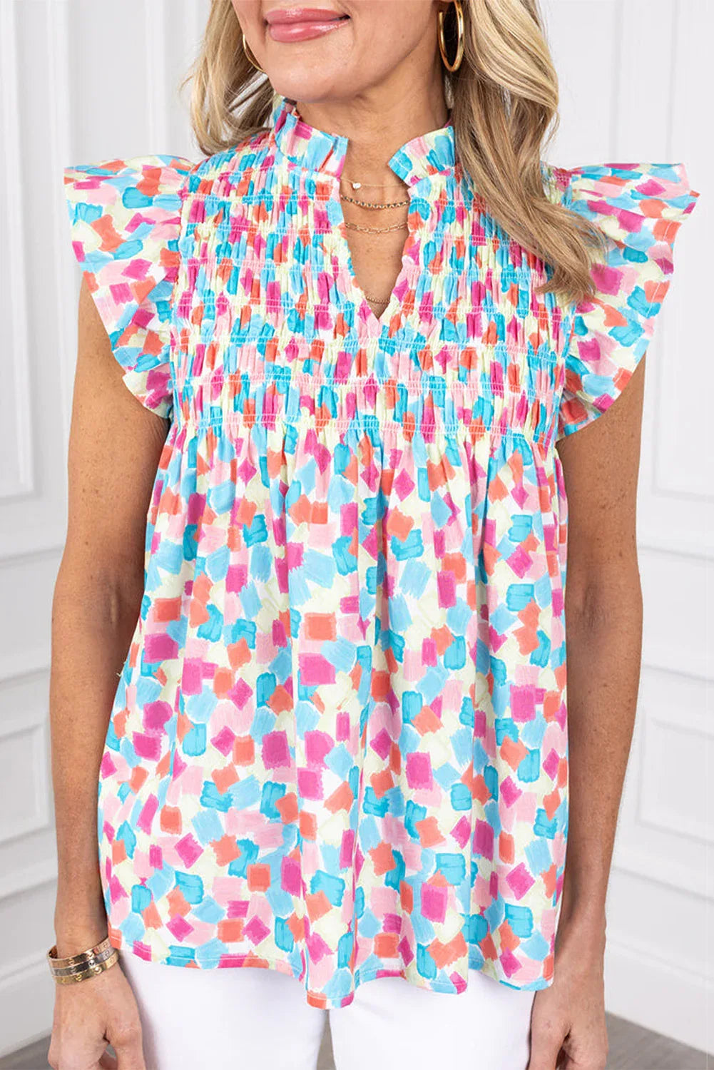 Shirred Yoke Ruffled Confetti Top Bazaare Mart Tops/Blouses & Shirts