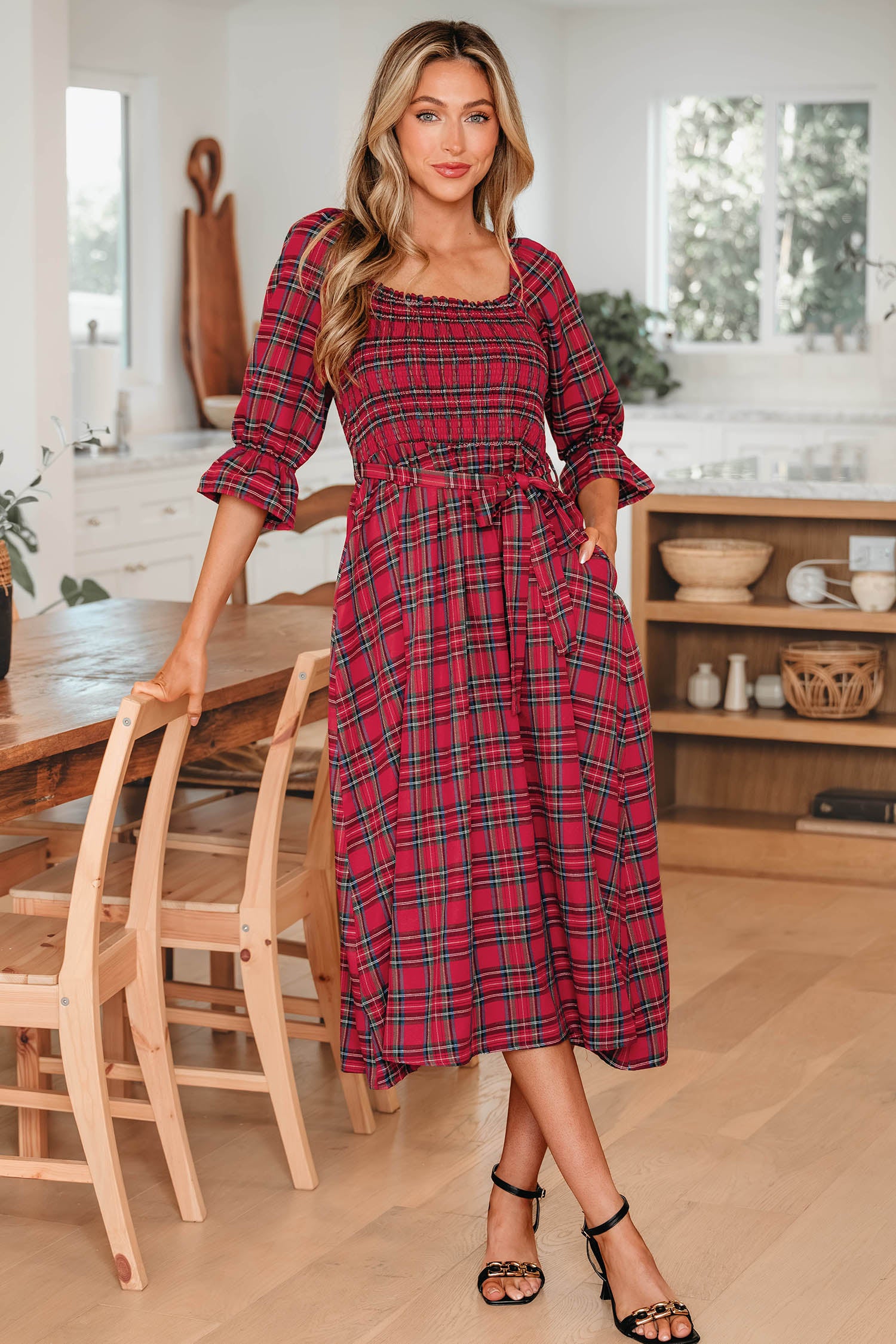 Tartan Plaid Square Neck Puff Sleeve Flared Midi Dress Bazaarre Mart Dresses/Maxi Dresses