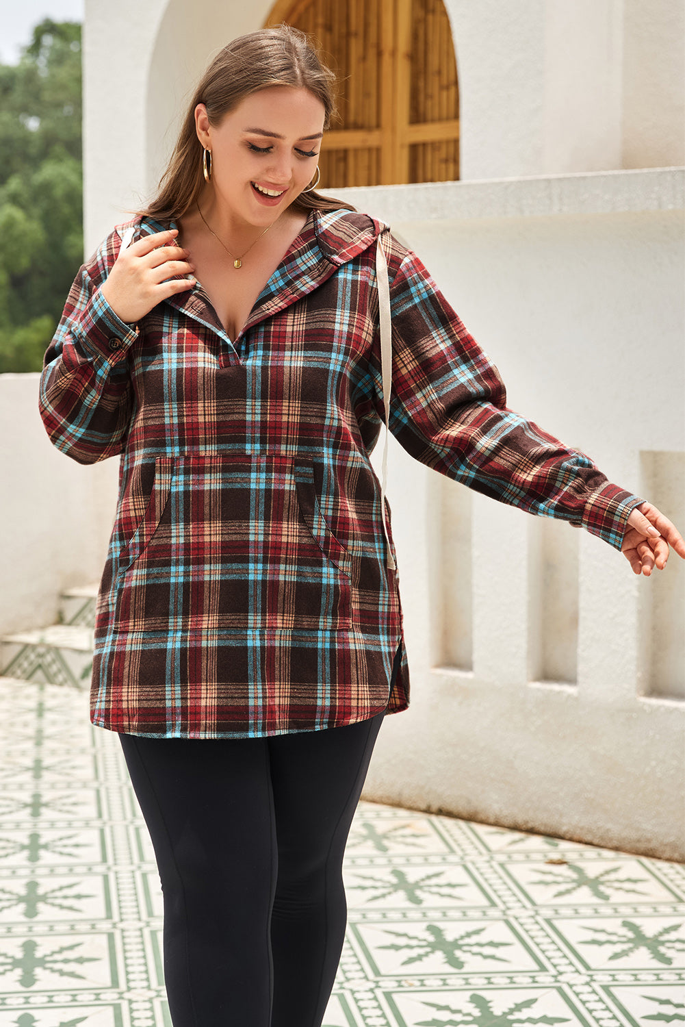 Red & Brown Plus Size Plaid Kangaroo Pocket Drawstring Hoodie