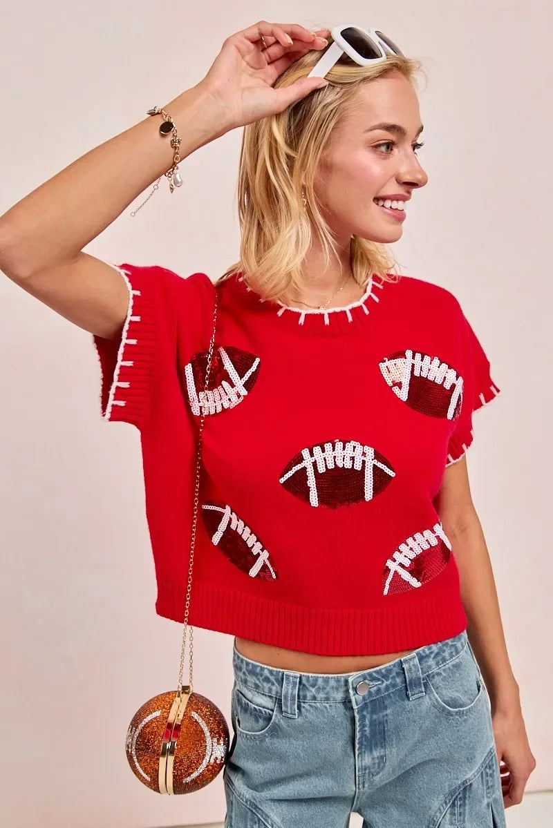 BiBi Gameday Sequin Football Embroidered Stitch Sweater Trendsi Football Shirt