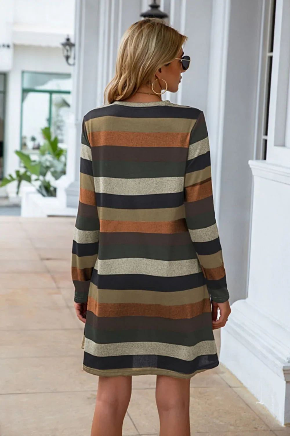 Striped Round Neck Long Sleeve Dress Bazaare Mart Striped Round Neck Long Sleeve Dress