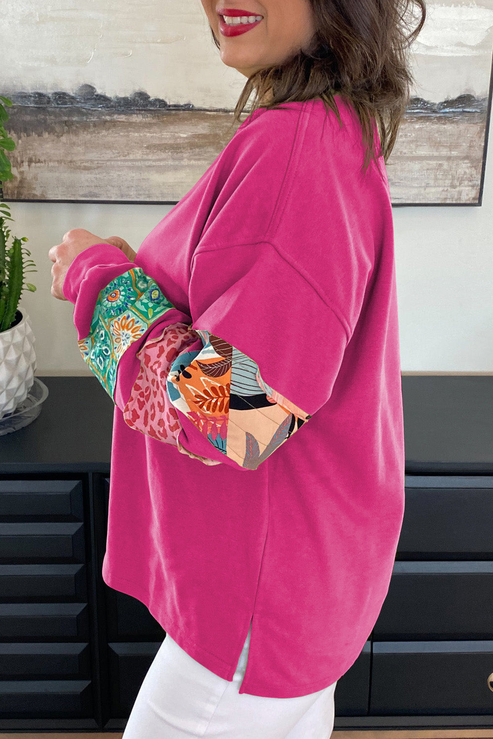 Magenta Patchwork Sleeve Sweatshirt