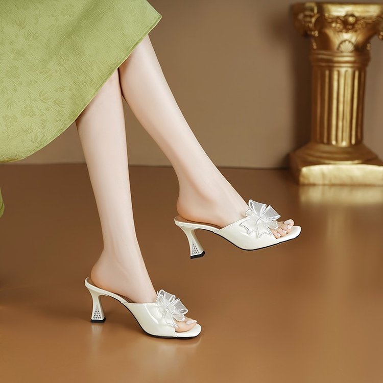 Women’s Bow Wine Glass Heel Sandals – Square Toe T-Strap High Heel Slippers White CJ Dropshipping Open Toe Bow Pumps
