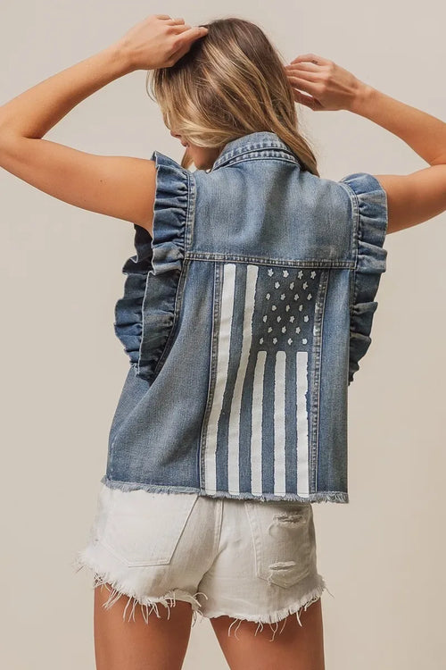 BiBi American Flag Washed Faded Blue Denim Vest Bazaare Mart Blue Denim Flag Vest