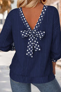 Dirty blue Polka Dot Trimmed V Neck Bow Tie Textured Ribbed Top Dirty blue 95%Polyester+5%Elastane Dear-Lover Dropshipping Tops/Long Sleeve Tops