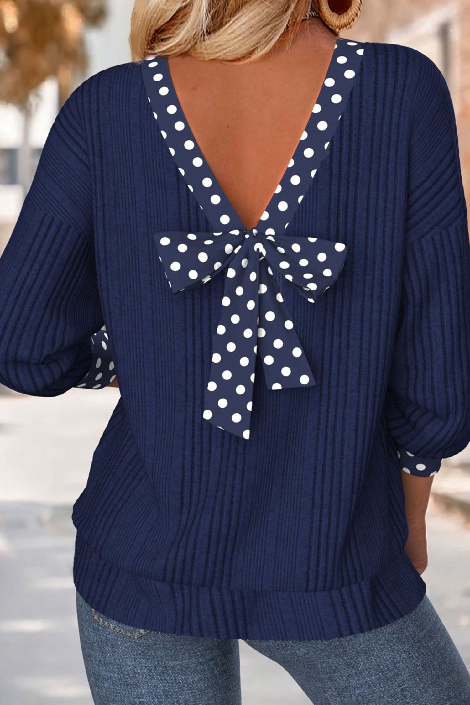 Dirty blue Polka Dot Trimmed V Neck Bow Tie Textured Ribbed Top Dirty blue 95%Polyester+5%Elastane Dear-Lover Dropshipping Tops/Long Sleeve Tops