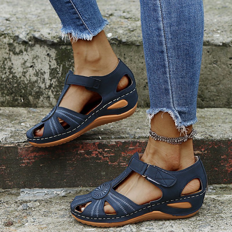 Women’s Cutout Beach Sandals – Round Toe Velcro Comfort Summer Sandals Blue CJ Dropshipping Huarache Sandals