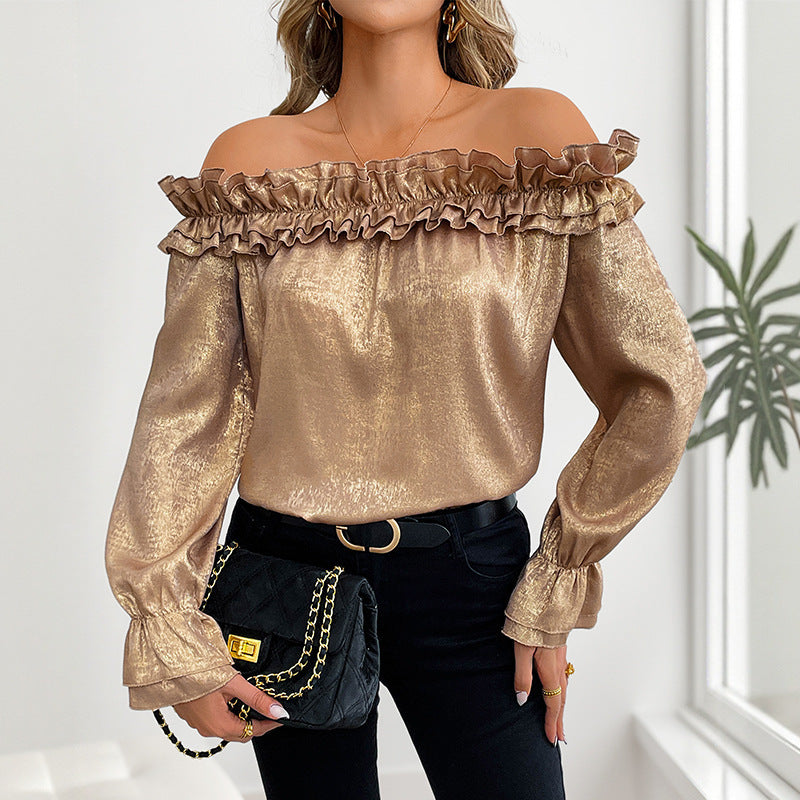 Gold Off-shoulder Ruffled Long Sleeve Blouse