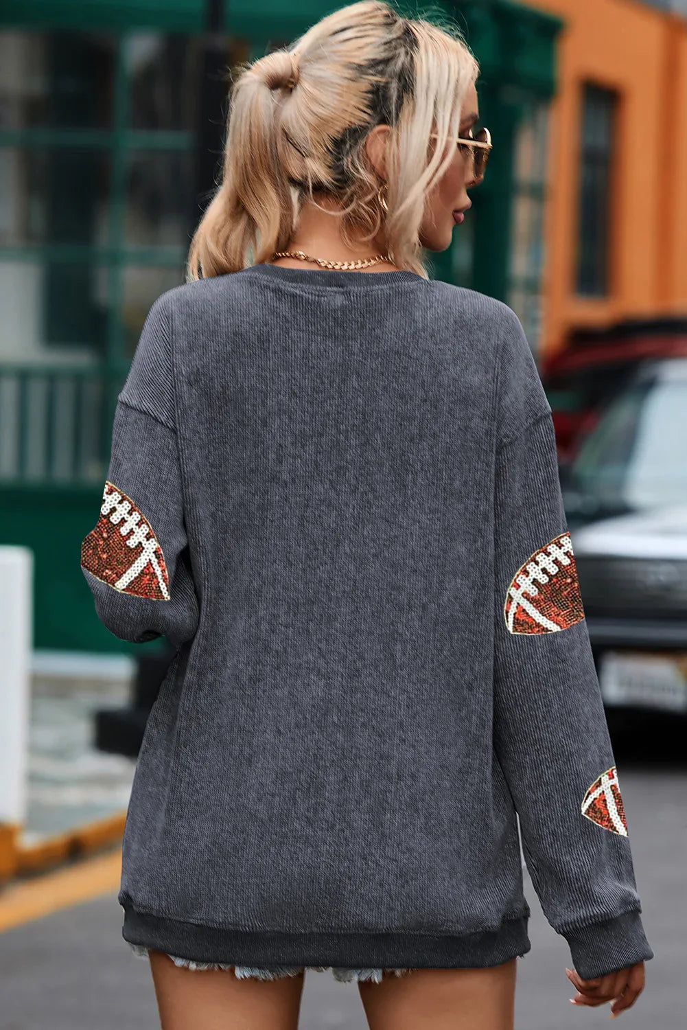 Sequin Football Patch Corduroy Sweatshirt Bazarre Mart Corduroy Long Sleeve Shirt