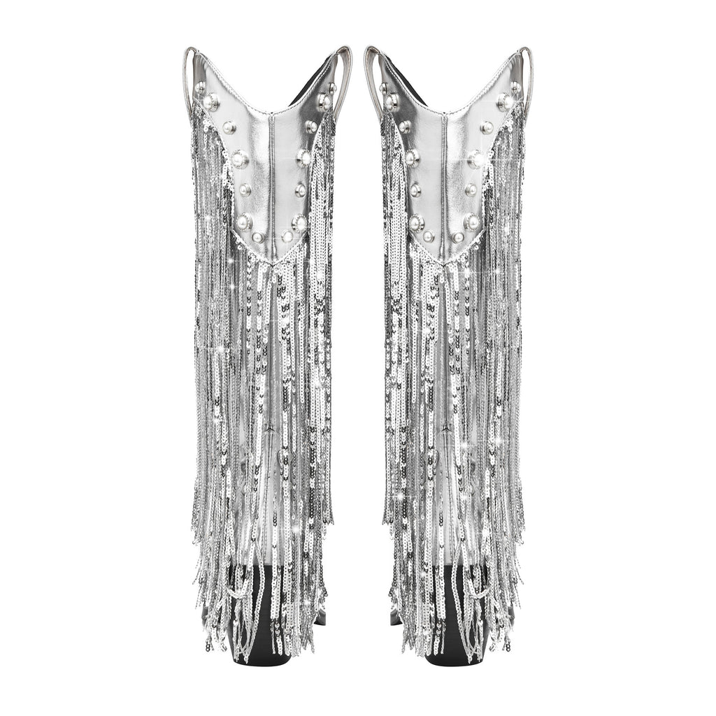 Silver Tassel Pointed Toe Knee High Boots