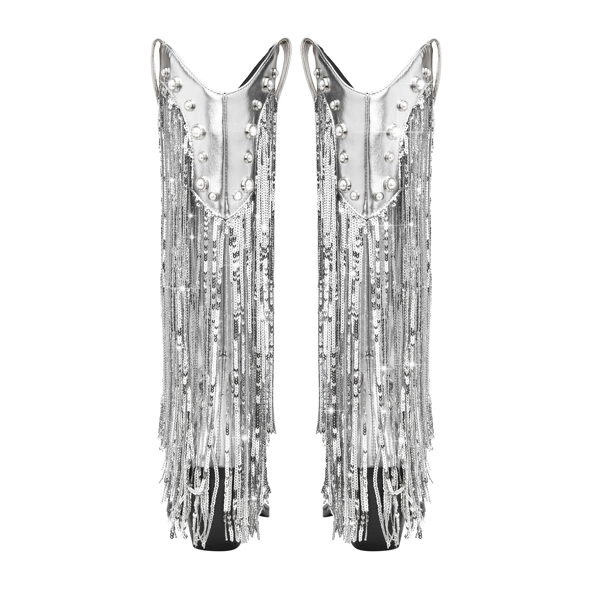 Silver Tassel Pointed Toe Knee High Boots