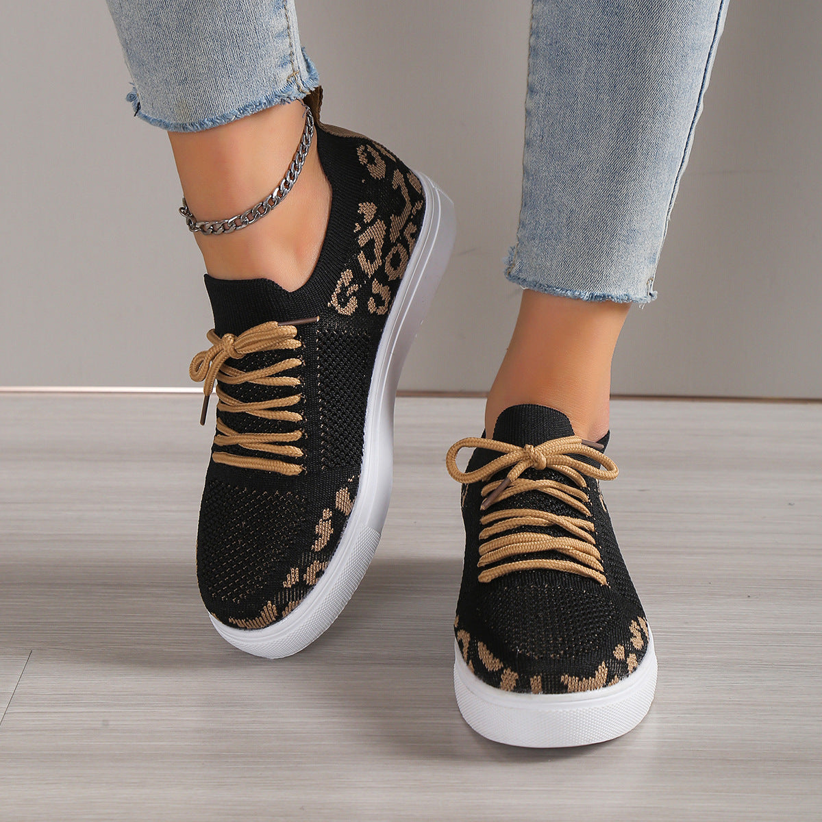 Black and Gold Leopard Flat Lace Up Sneakers