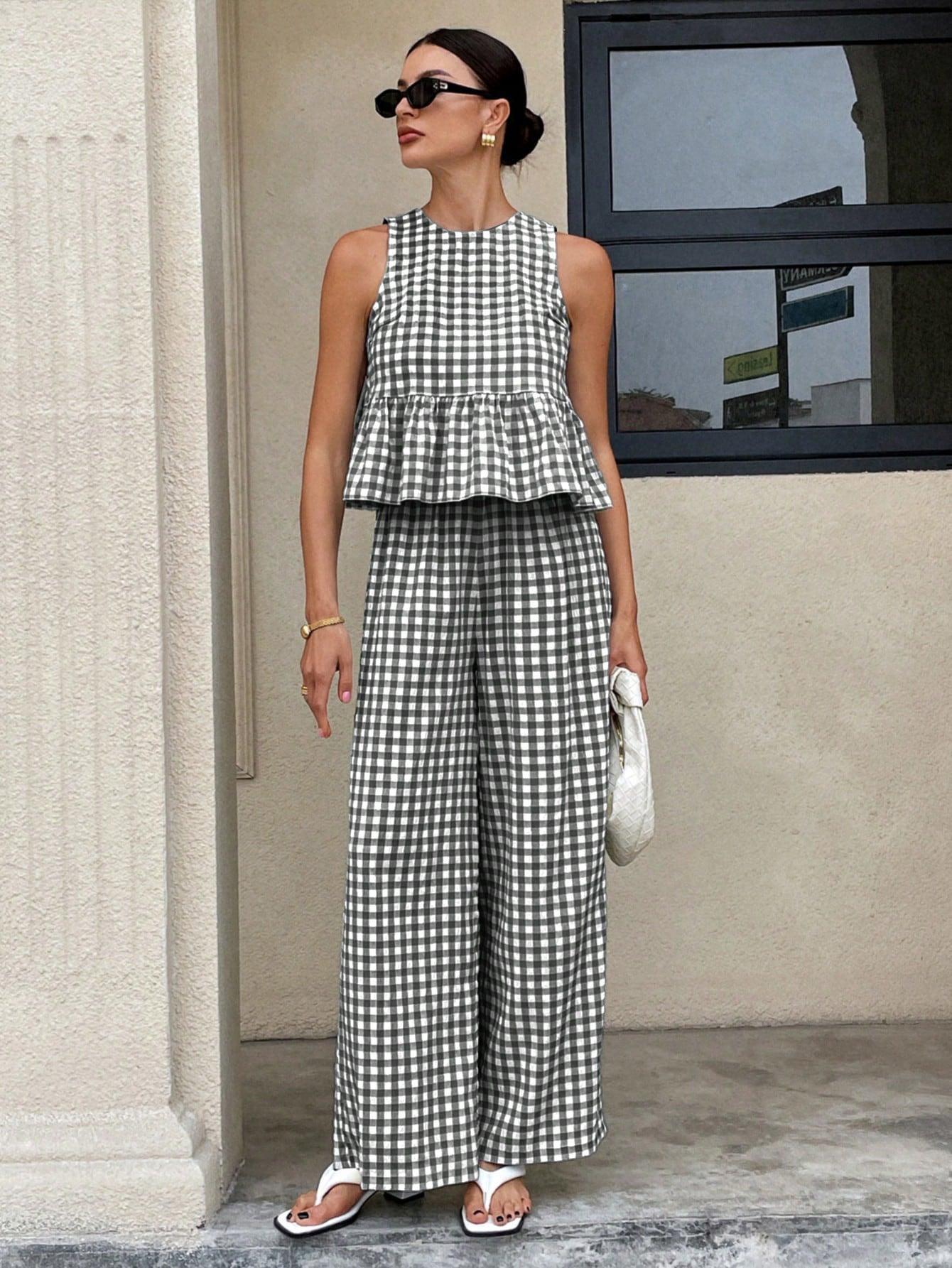 Retro Plaid Sleeveless Top With Ruffled Hem And Straight-leg Pants Black CJ Dropshipping Retro Plaid Sleeveless Pants Set