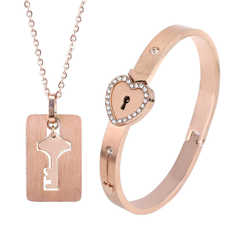 Couple's Love Lock Bracelet & Key Necklace Set