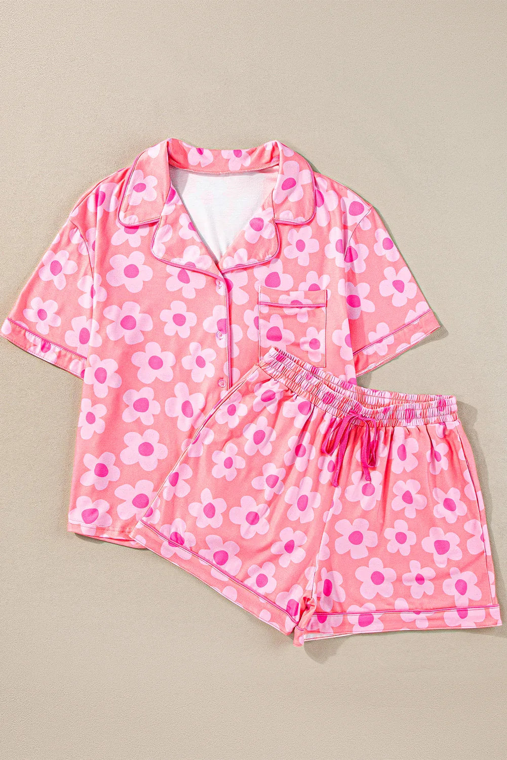 Pink Flower Print Short Sleeve Shirt Pajamas Set Bazaare Mart Loungewear & Sleepwear/Sleepwear