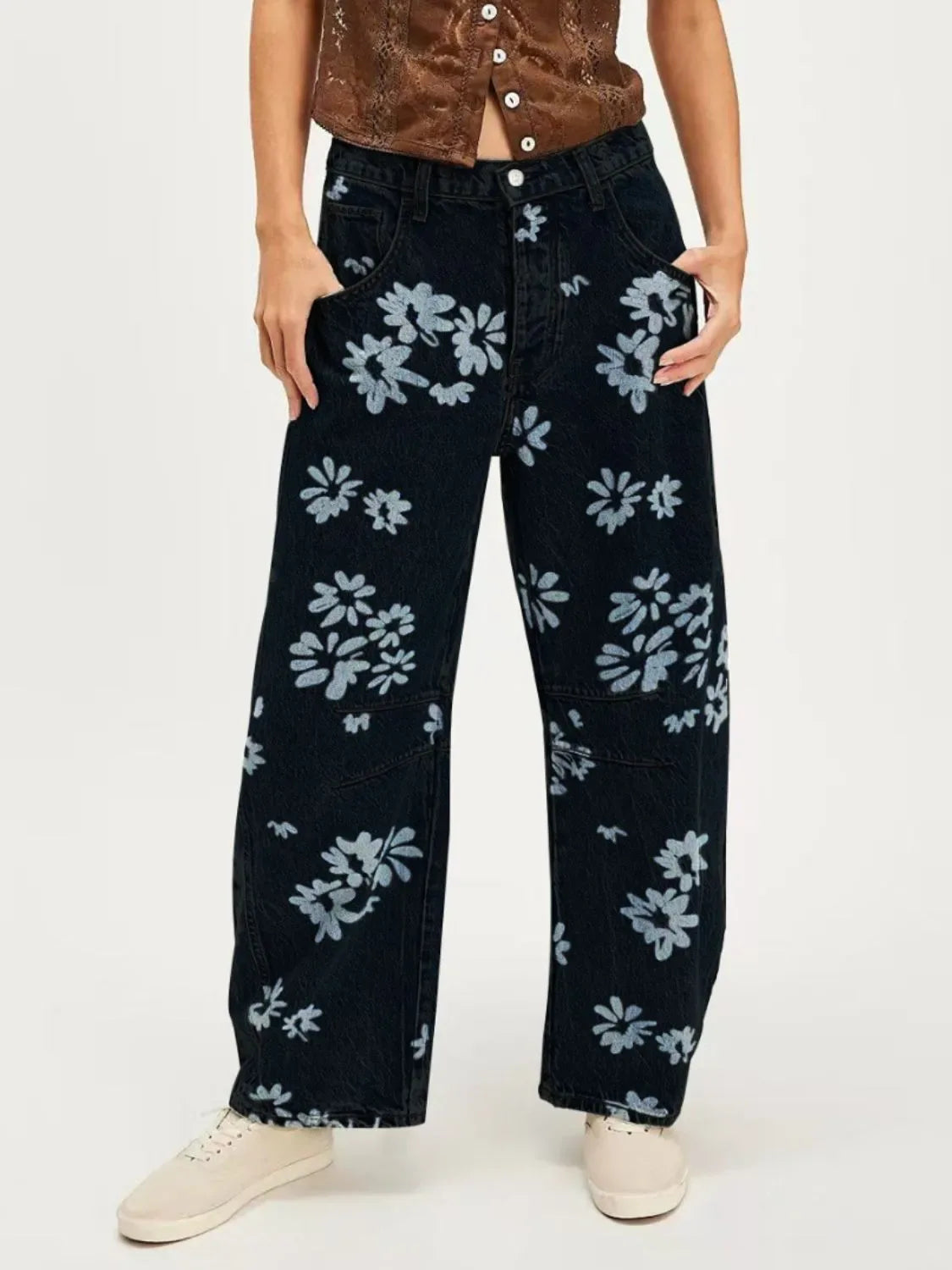 Trendy Printed Wide Leg Jeans Bazarre Mart Pants