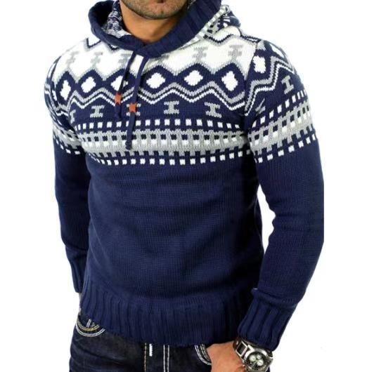 Men's Blue Ethnic Pullover Hooded Sweater