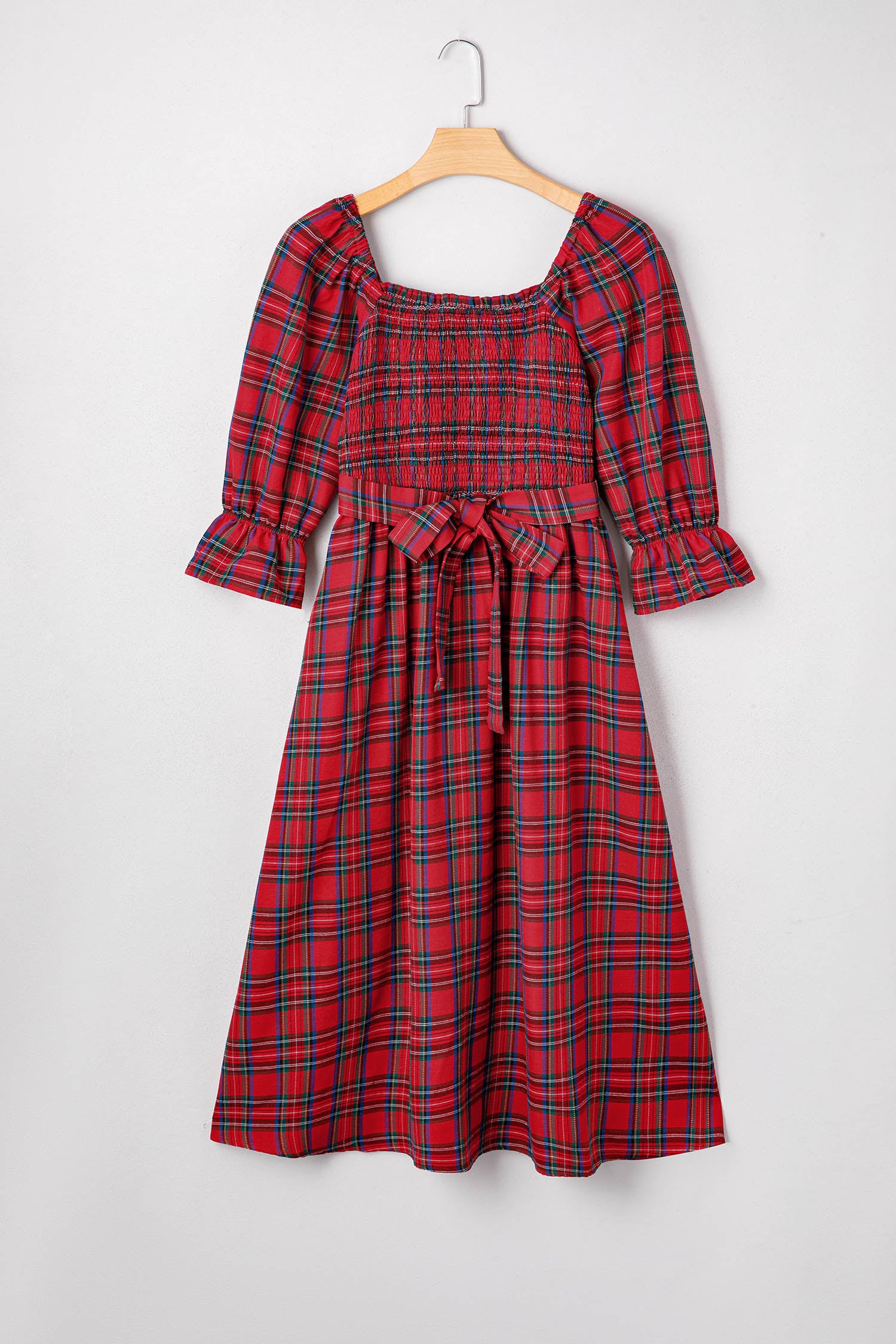 Tartan Plaid Square Neck Puff Sleeve Flared Midi Dress Bazaarre Mart Dresses/Maxi Dresses