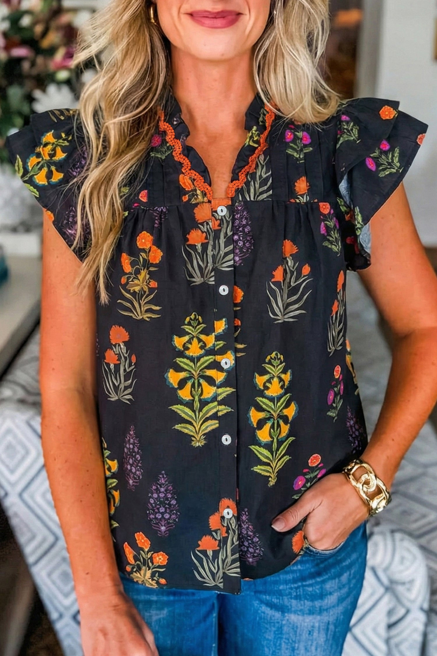 Black Floral Print Lace Trim Frilled V Neck Short Sleeve Shirt Black 55%Cotton+45%Viscose Shewin Blouses & Shirts