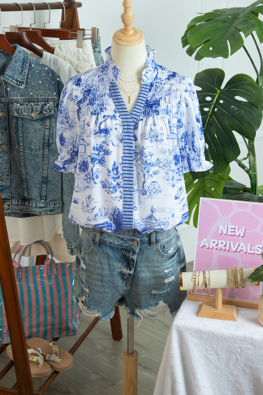 Blue Toile Print Smocked Puff Sleeve Blouse Dear-Lover Dropshipping Tops/Blouses & Shirts