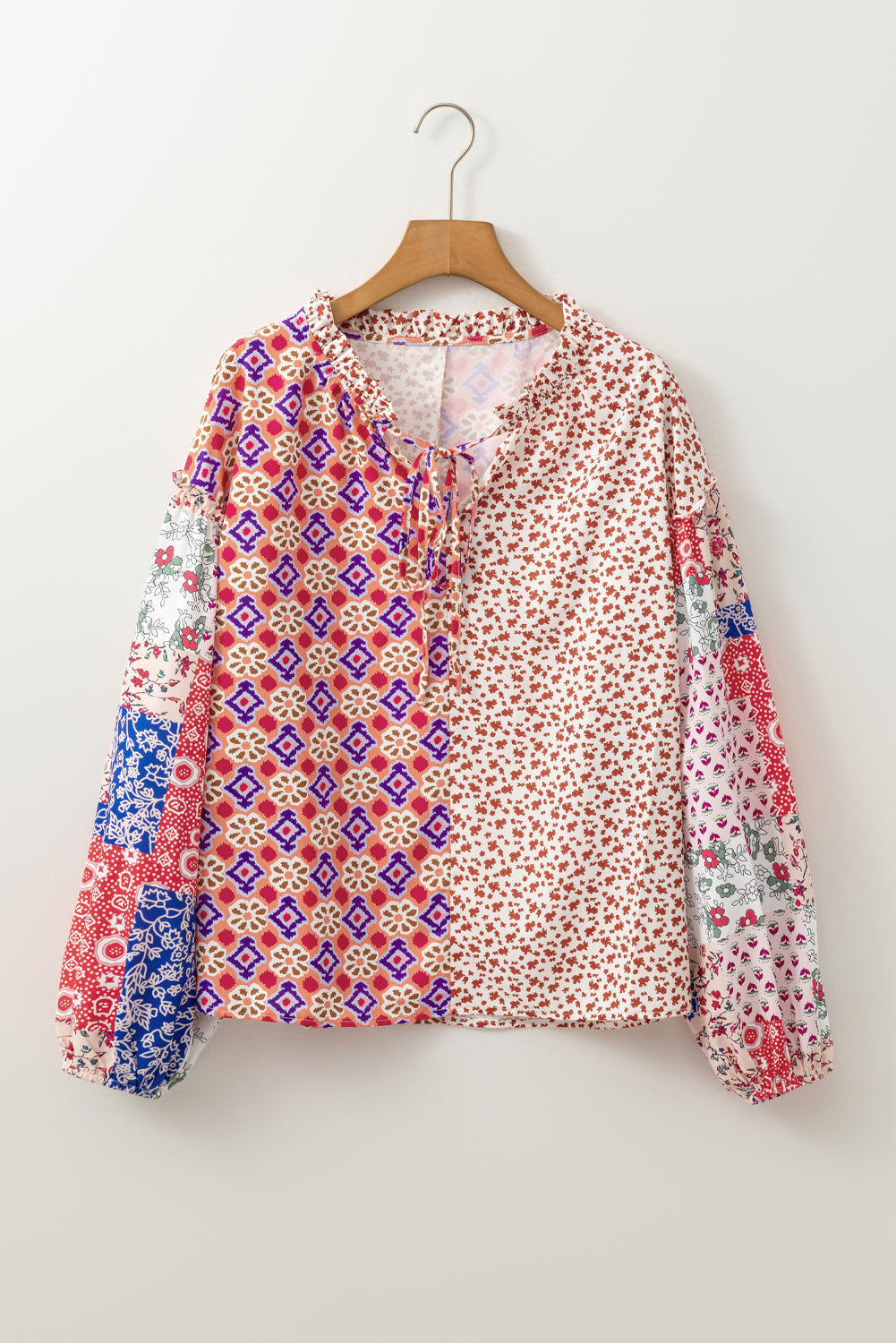 Long Sleeve Tied Neck Patchwork Blouse